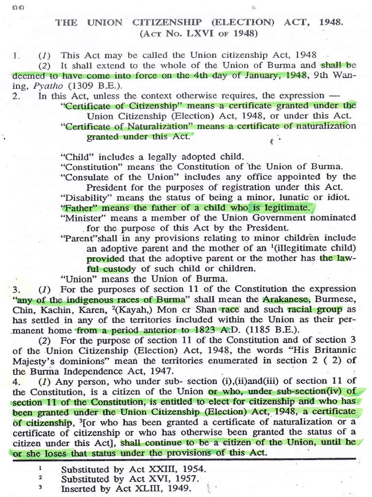 Union Citizenship Act of Burma, 1948 | PDF | Naturalization | Citizenship
