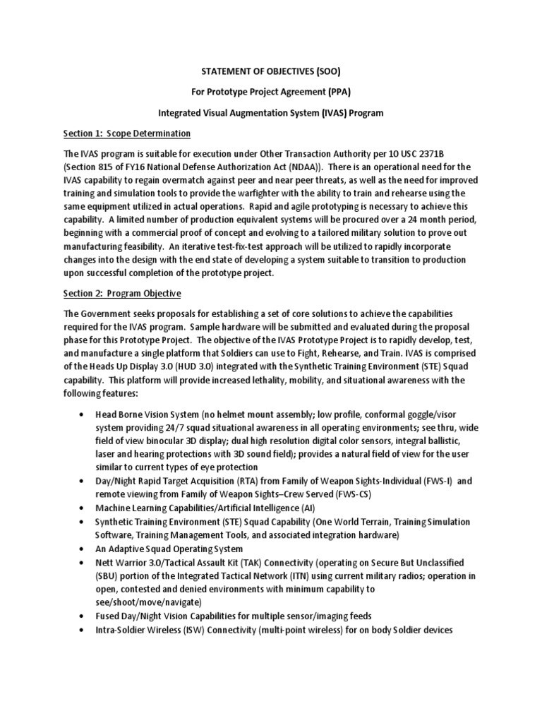US Army Augmented Reality IVAS Statement of Objectives Augmented