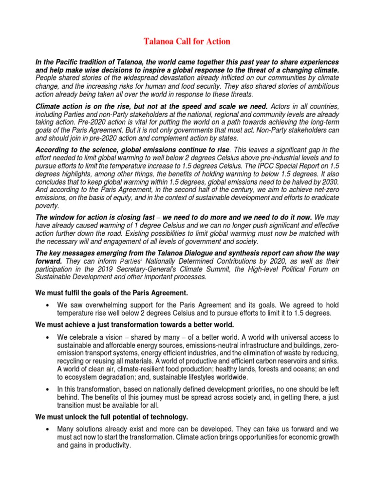 Talanoa Call For Action | PDF | Climate Change Mitigation | Global Warming