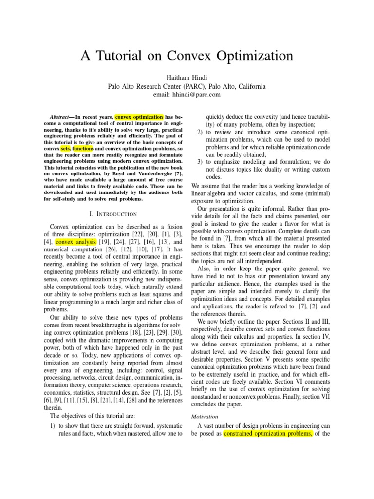 A Tutorial On Convex Optimization (Haitham Hindi) | PDF | Mathematical  Optimization | Convex Set