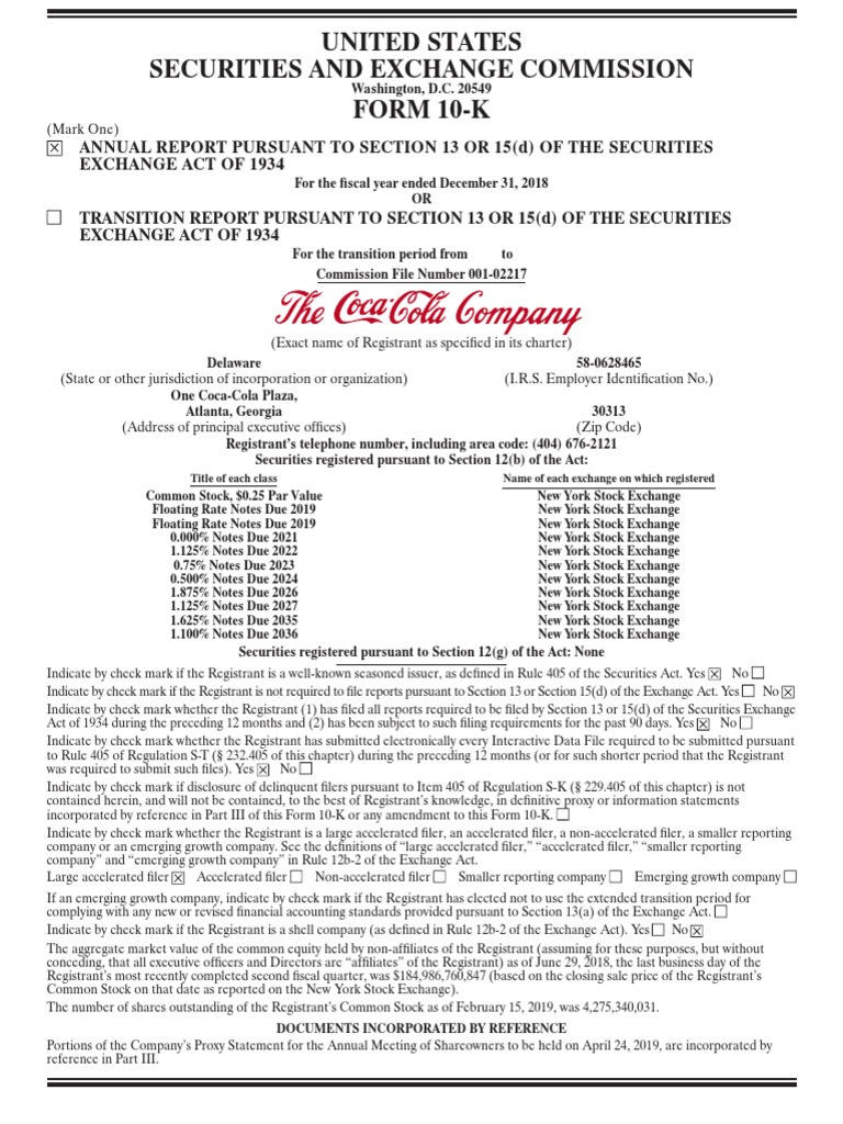 2018 Annual Report On Form 10 K PDF PDF The Coca Cola Company