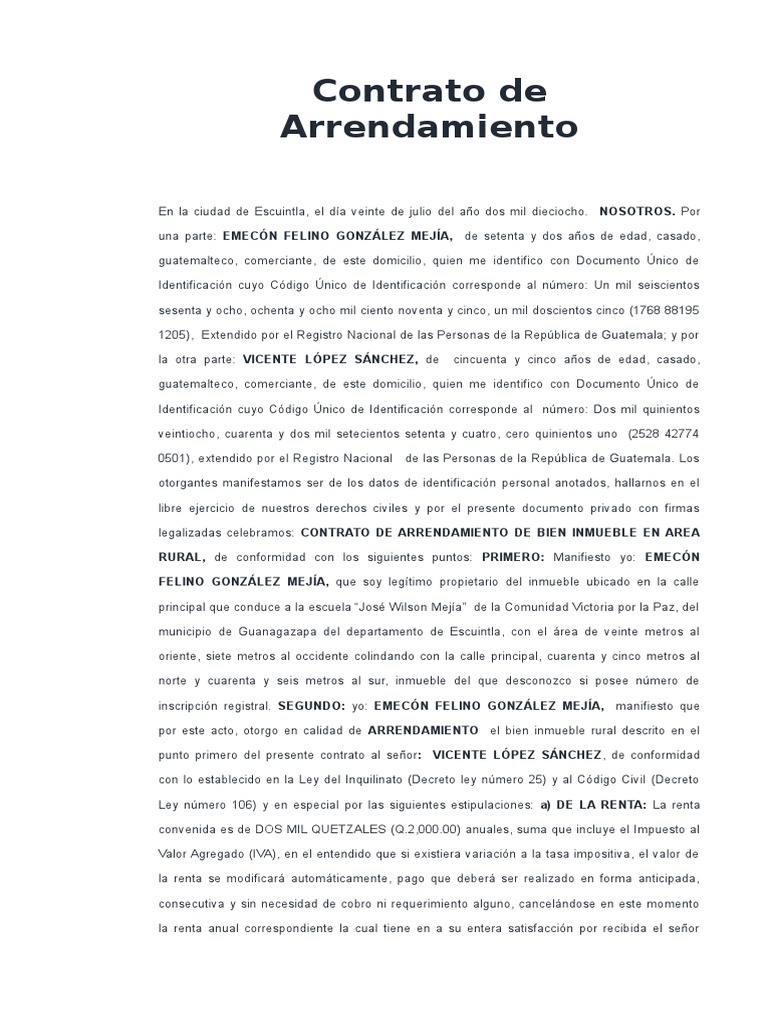 Contrato de Arrendamiento Alquiler Guatemala