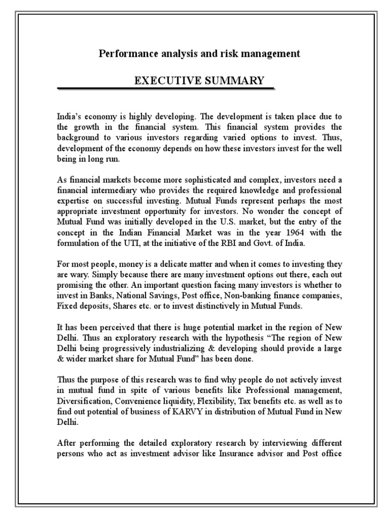 Executive Summary: Performance analysis and risk management