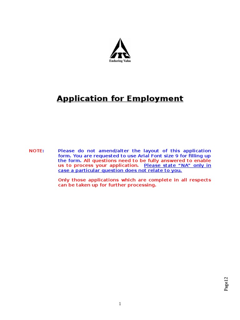 ITC Limited Employment Application Form | PDF