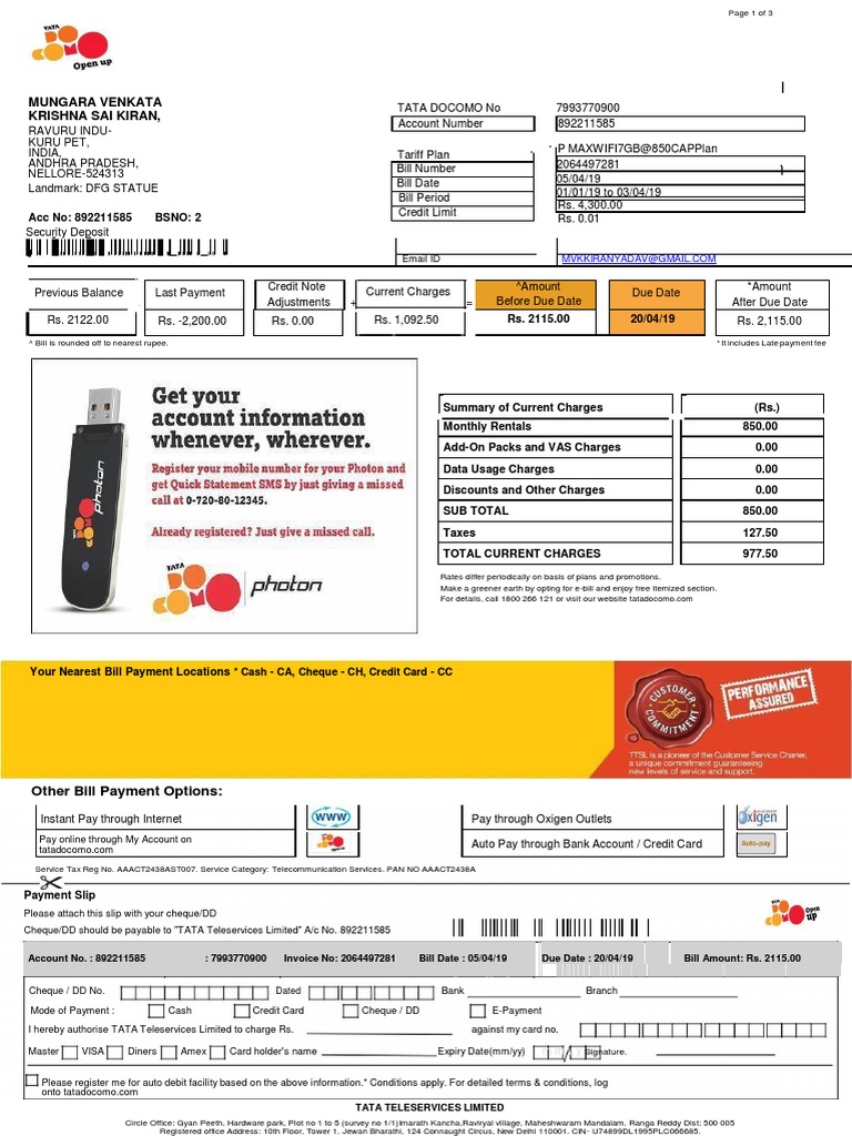 Tata Docomo Bill Payment Details | PDF | Credit Card | Invoice