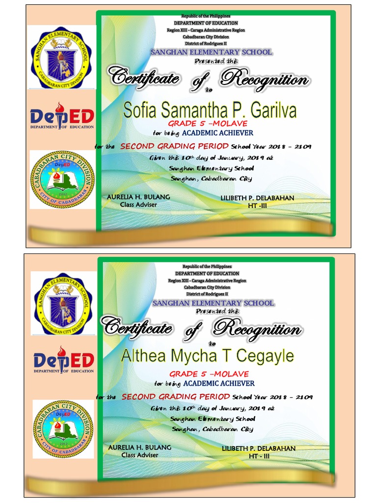 Grade 5 Molave Academic Achiever Certificate | PDF