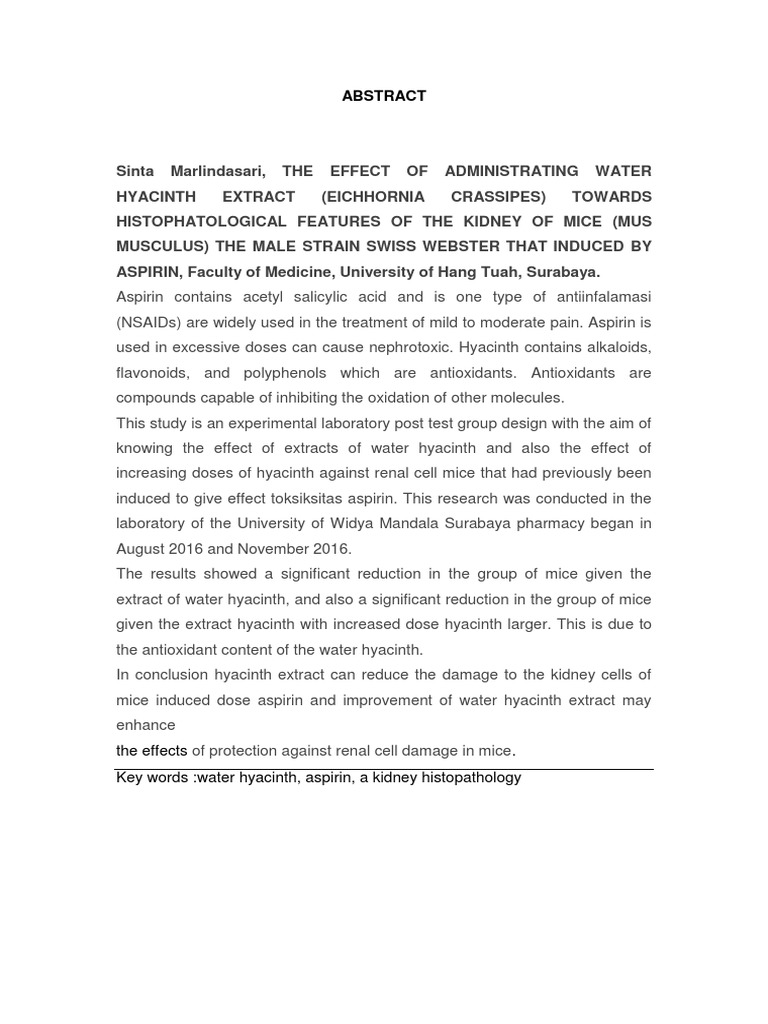 The Protective Effects of Water Hyacinth Extract on Kidney Damage Induced by Aspirin in Mice PDF