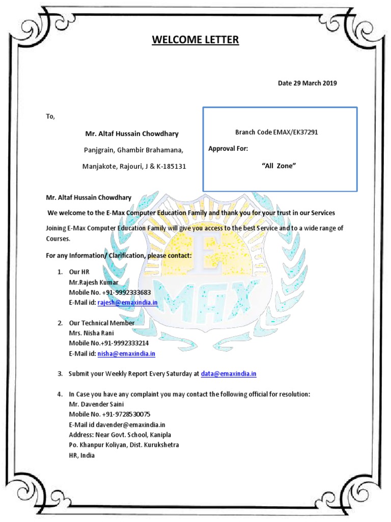 Wellcome Letter PDF | PDF