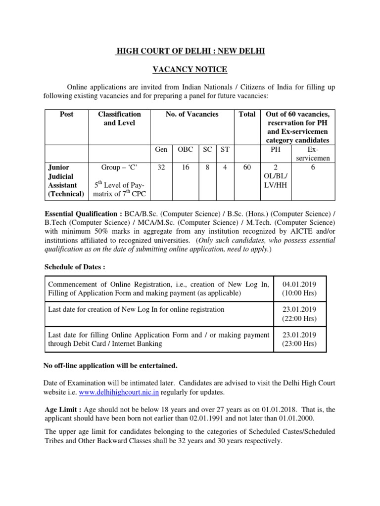 High Court of Delhi New Delhi Vacancy Notice PDF Government Business