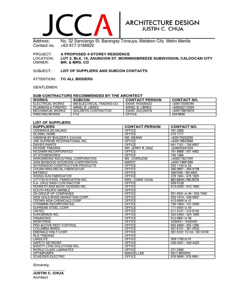 Supplier and Subcontractor List for Residence | PDF | Economic Sectors