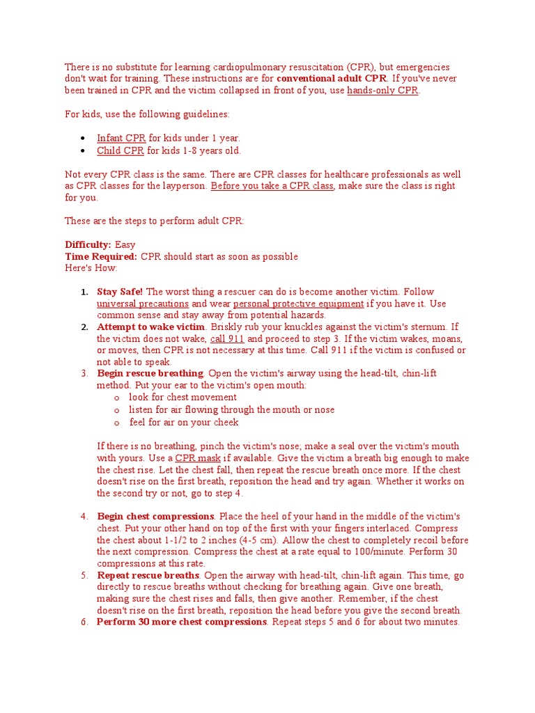 Essential Adult CPR Instructions | PDF | Cardiopulmonary Resuscitation ...