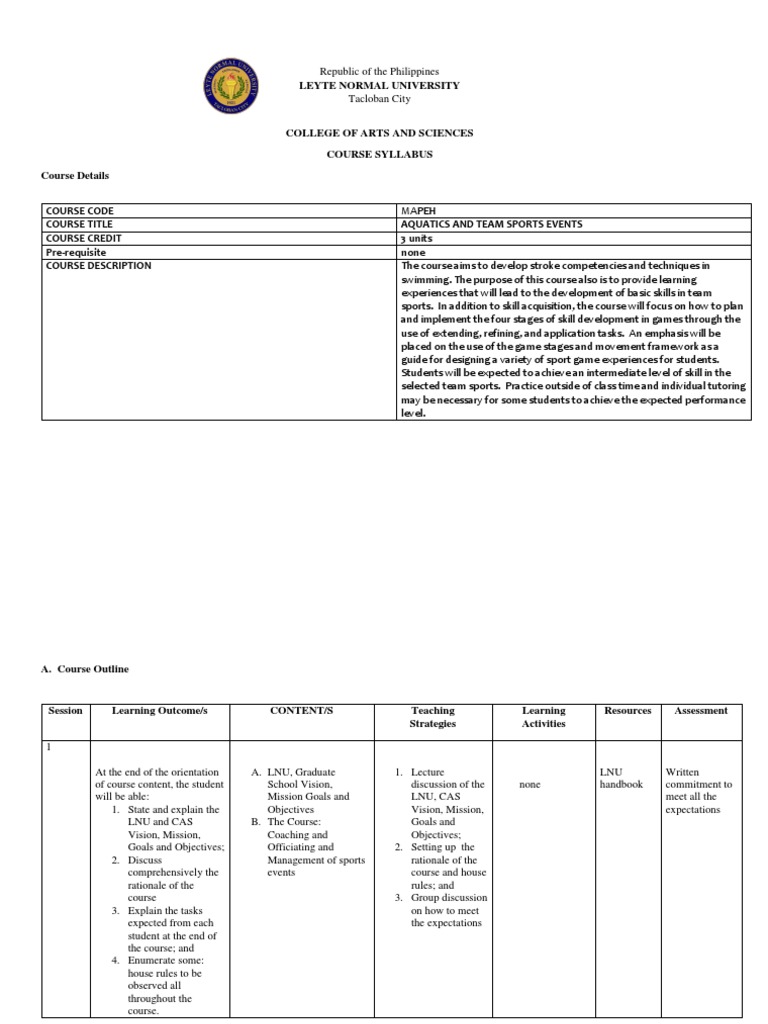 Aquatics Syllabus Download Free PDF Swimming Goal
