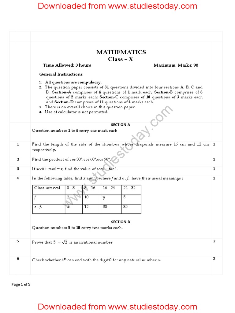 CBSE Class 10 Mathematics Sample Paper Set C | PDF | Factorization | Sine
