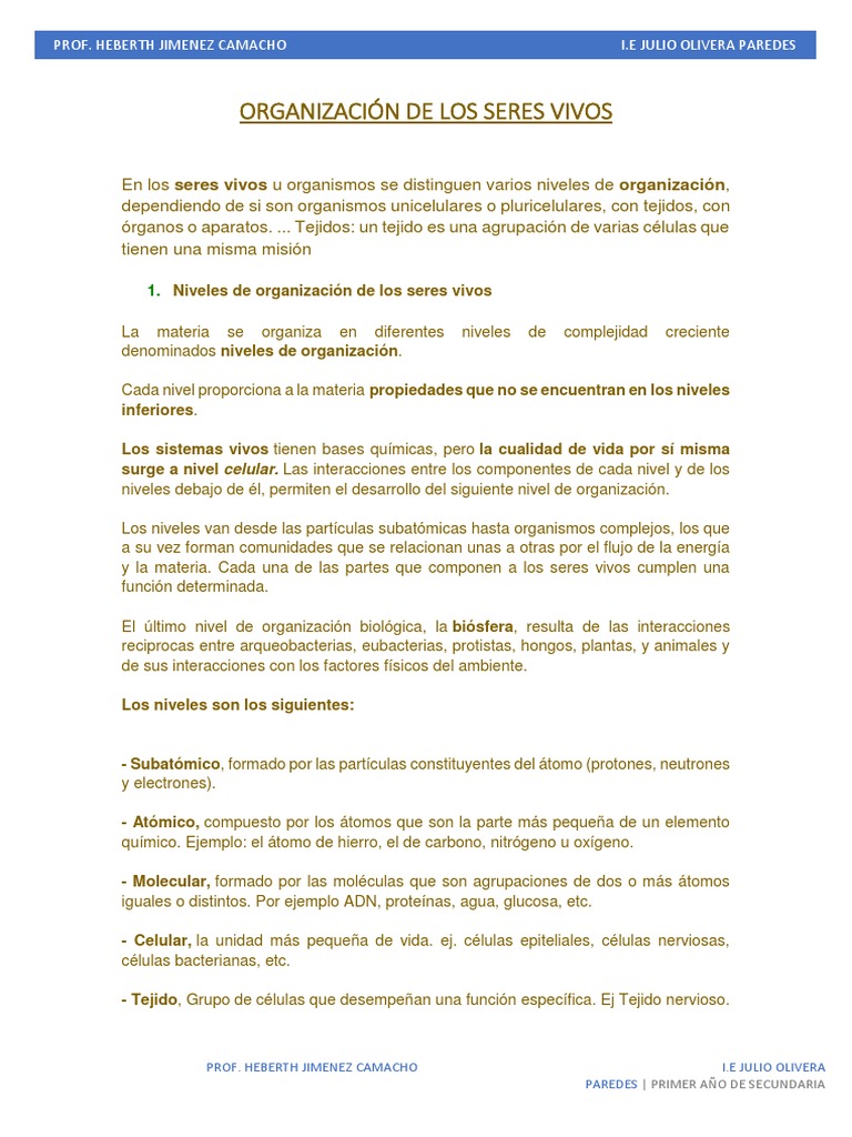 Organización de Los Seres Vivos | PDF | Organismos | Biología Celular)