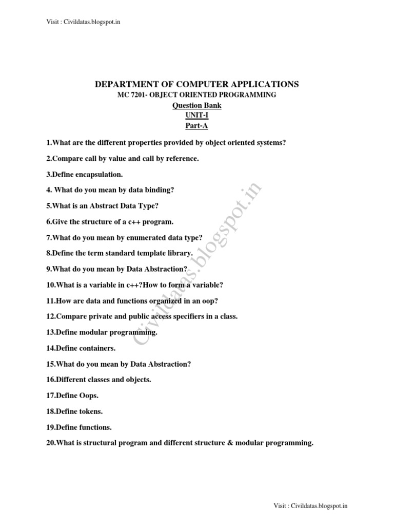 MC7201-Object Oriented Programming Question Bank - Edited | PDF | C++ ...