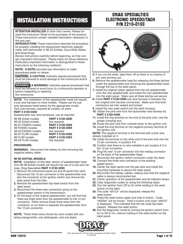 Installation Instructions Drag Specialties Electronic Speedo/Tach P/N