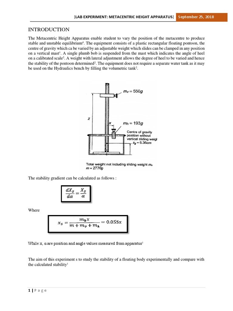 Metacentric Height Experiment Report | PDF | Buoyancy | Mass