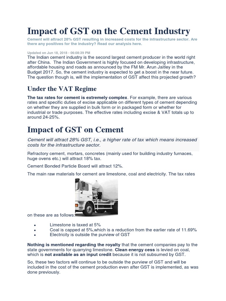 Impact of GST On The Cement Industry PDF Value Added Tax Cement