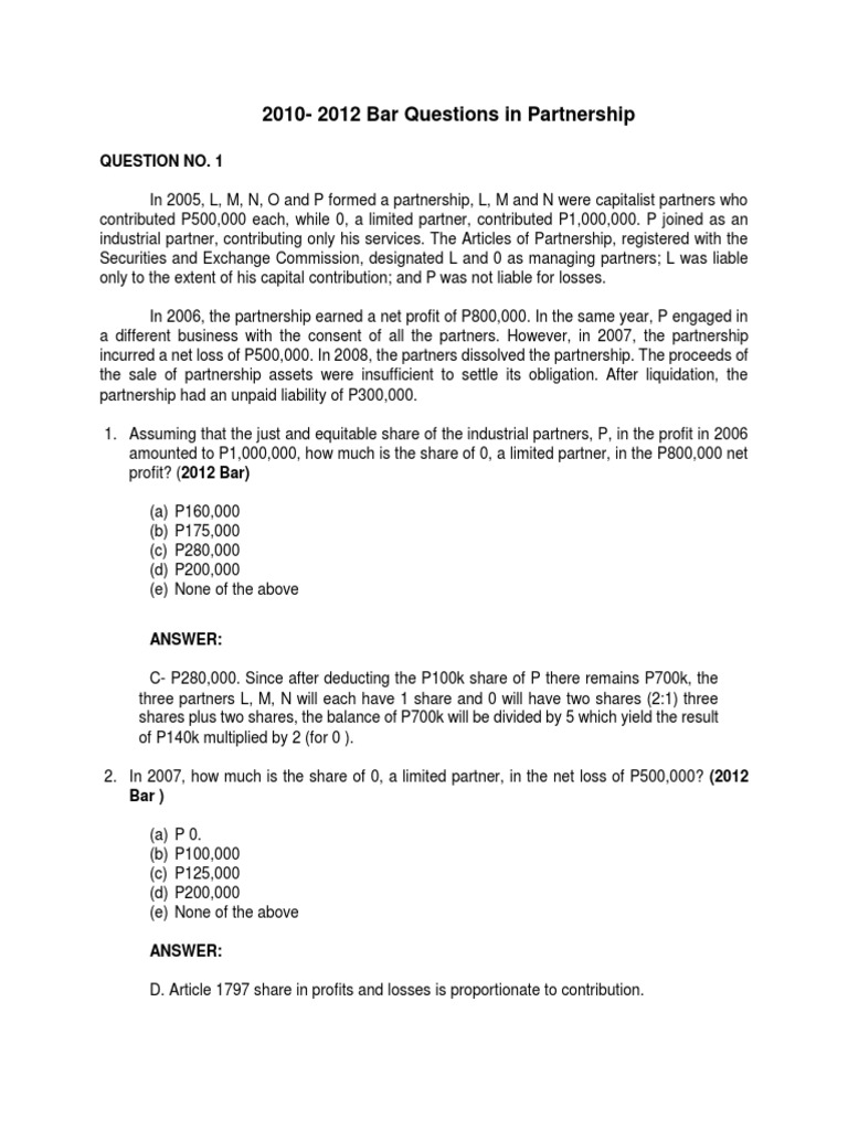 Partnership Bar Exam Questions 2010-2012 | PDF | Limited Partnership ...