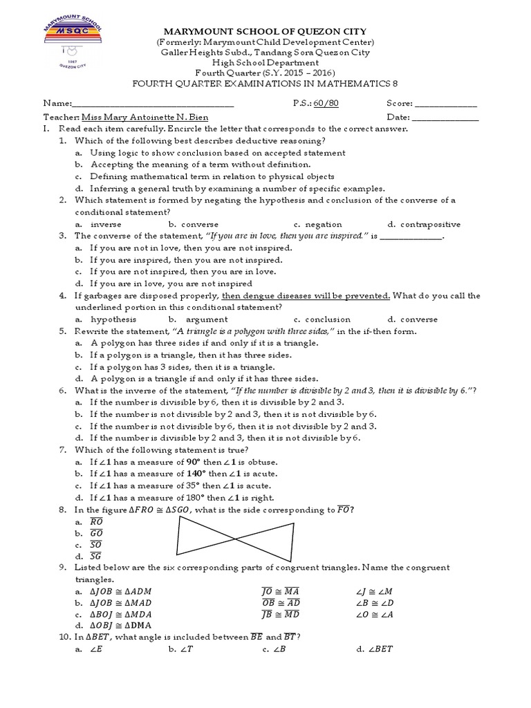 Math Exam for Grade 8 Students | PDF | Geometry | Teaching Mathematics