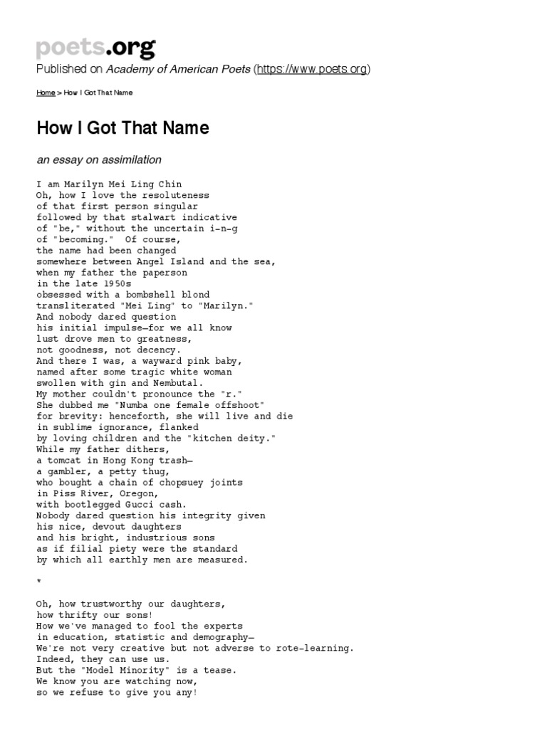 Marilyn Chin, How I Got That Name PDF | PDF