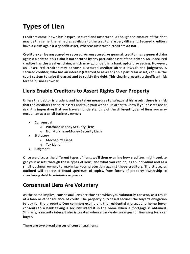 Types of Lien Liens Enable Creditors To Assert Rights Over Property
