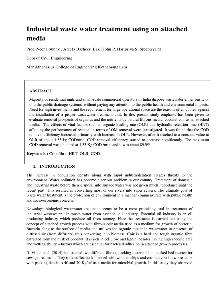 Industrial Waste Water Treatment Using An Attached Media PDF Sewage Treatment Wastewater