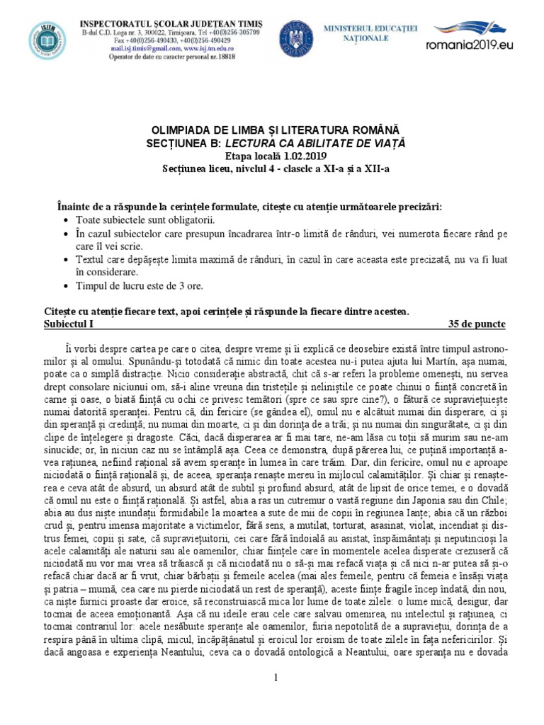Olimpiada De Lectura Ca Abilitate De Viata Xi Xii Subiect
