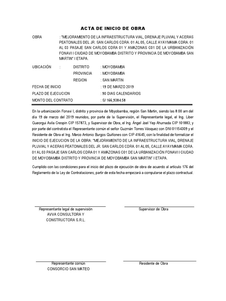 Acta de Inicio de Obra | PDF