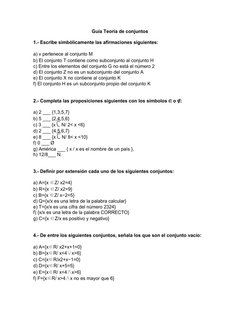 Guia De Ejercicios 1 Teoria De Conjuntos Pdf Conceptos Matematicos Ensenanza De Matematica