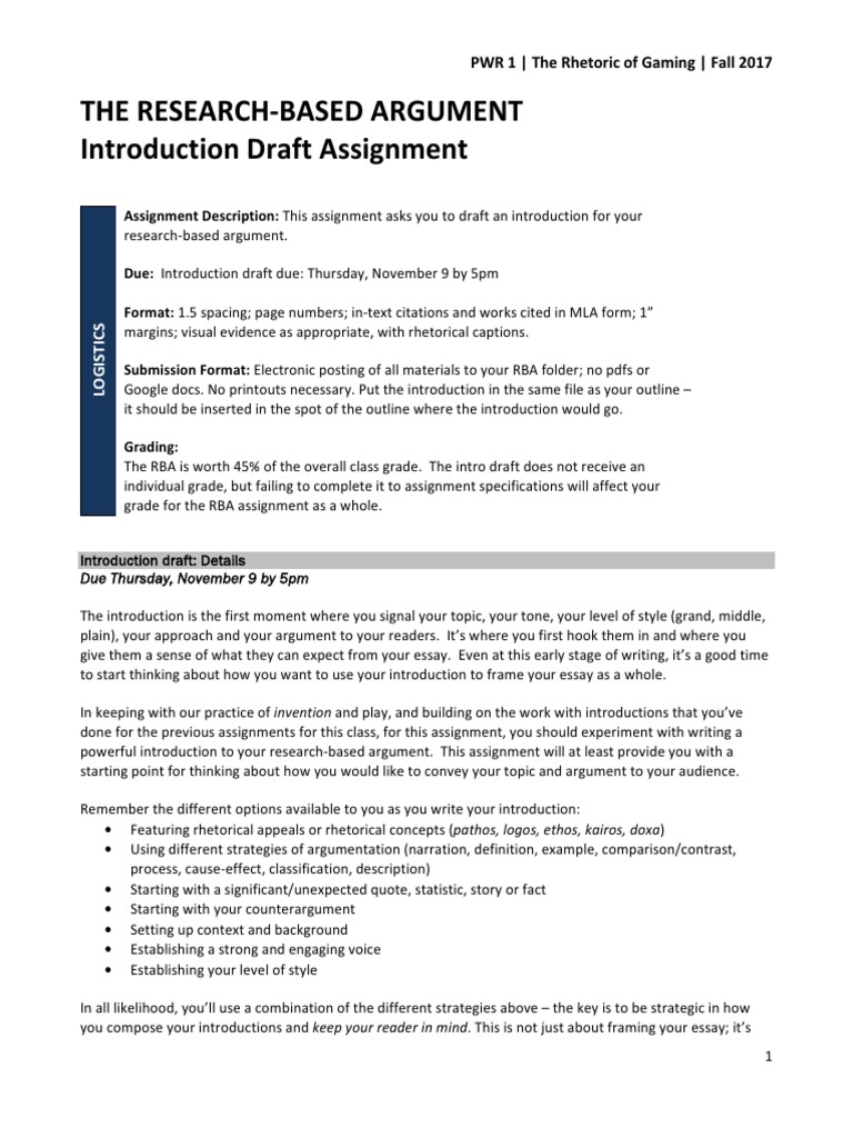 The Research-Based Argument Introduction Draft Assignment: PWR 1 - The ...