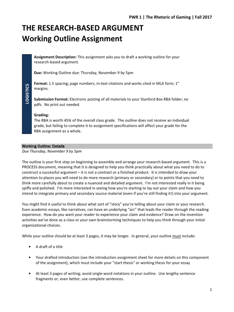 The Research-Based Argument Working Outline Assignment: PWR 1 - The ...
