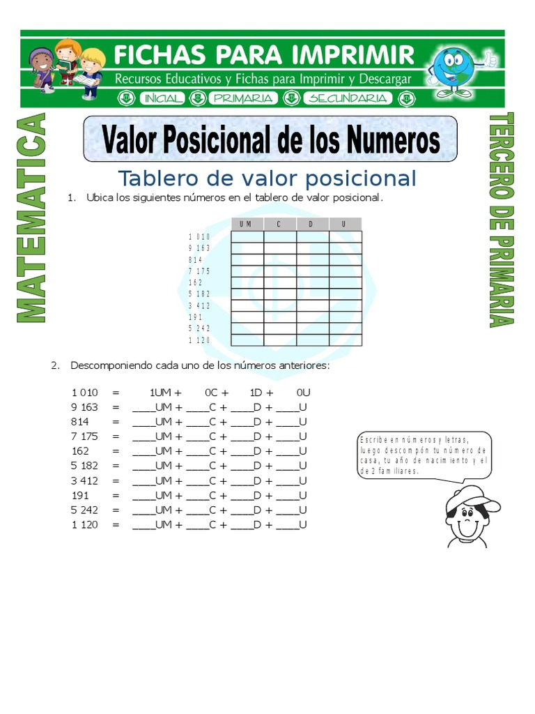 Ficha Valor Posicional para Tercero de Primaria | PDF | Notación Matemática  | Lexicología, image size:768x1024