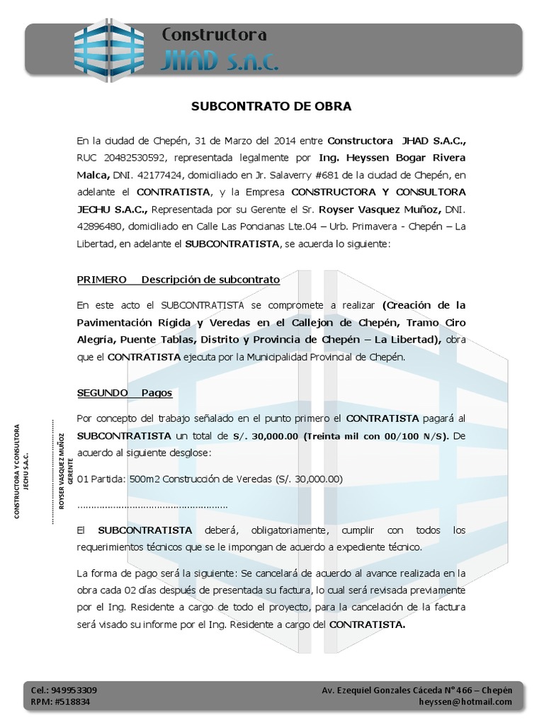 Subcontrato de Obra | PDF | Contratista general | Presupuesto