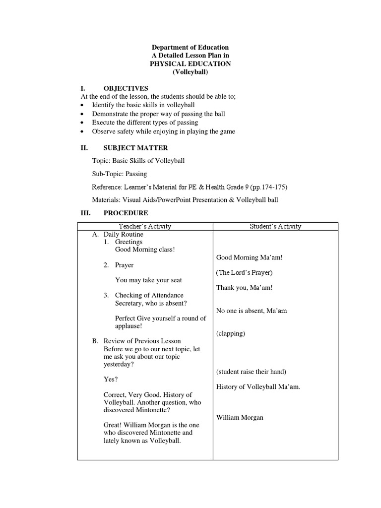 Department of Education A Detailed Lesson Plan in Physical Education