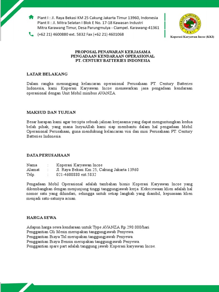 Penawaran Kerjasama Sewa Mobil Operasional | PDF