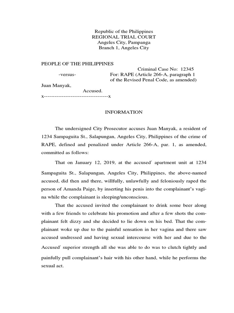 Information and Complaint Affidavit-Rape | PDF | Plea | Rape