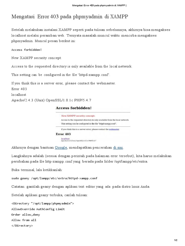 Solusi Error 403 di phpMyAdmin XAMPP | PDF