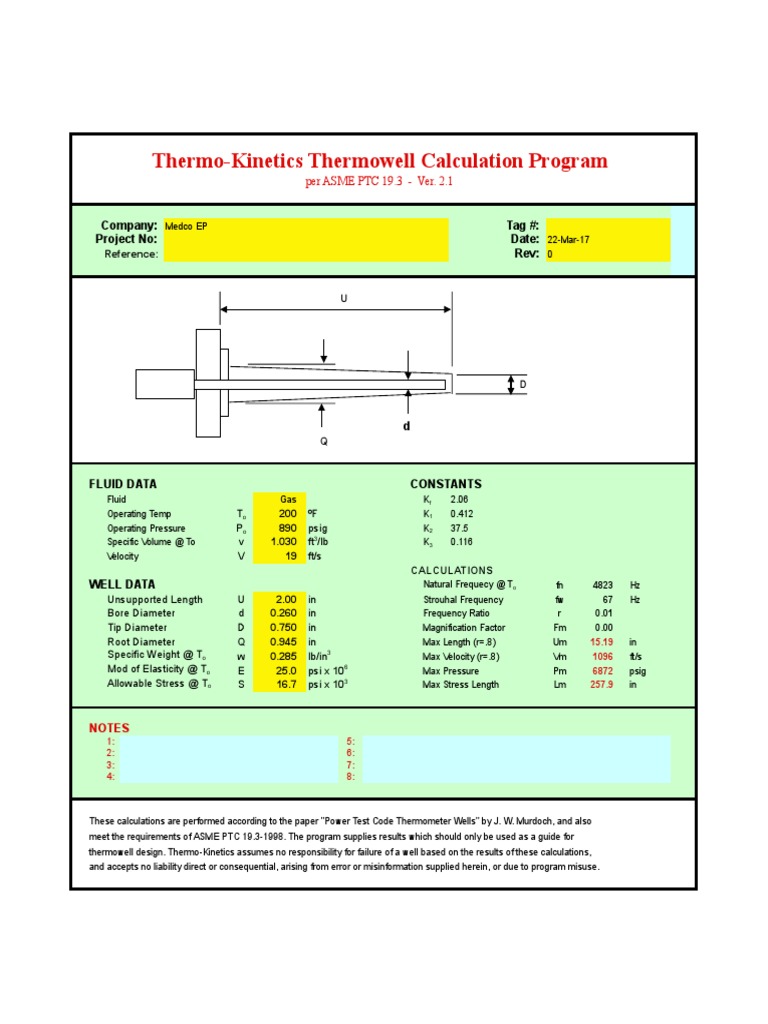 Thermowell Calculation Program Tag Date Rev