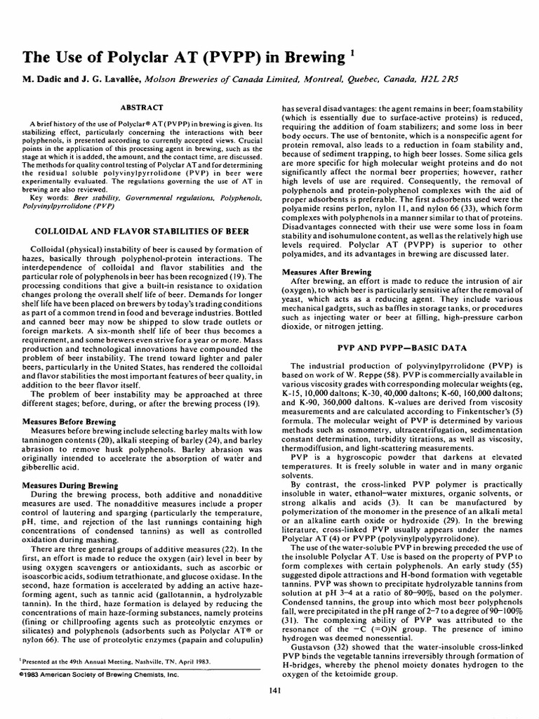 ARTGO - The Use of Polyclar AT (PVPP) in Brewing PDF | PDF | Beer | Brewing