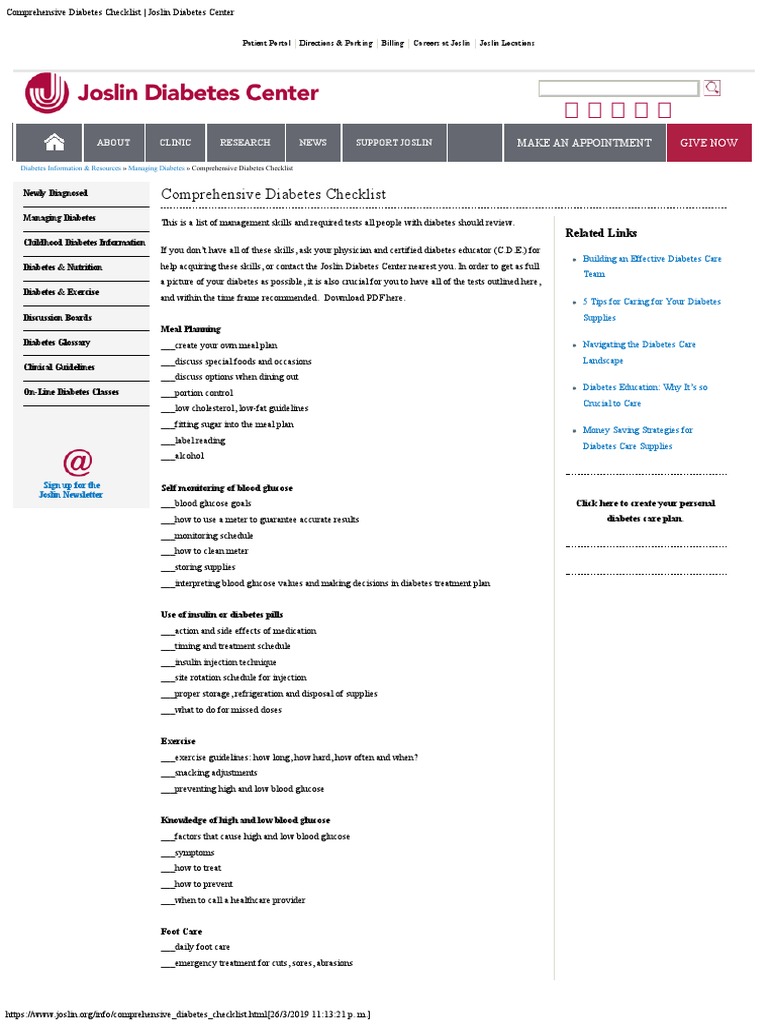 Comprehensive Diabetes Checklist Joslin Diabetes Center Diabetes