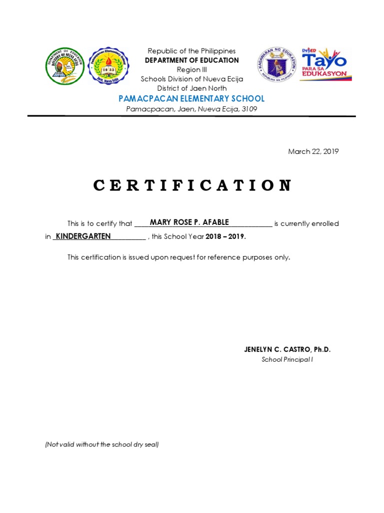 School Certificate of Enrolment 4ps PDF