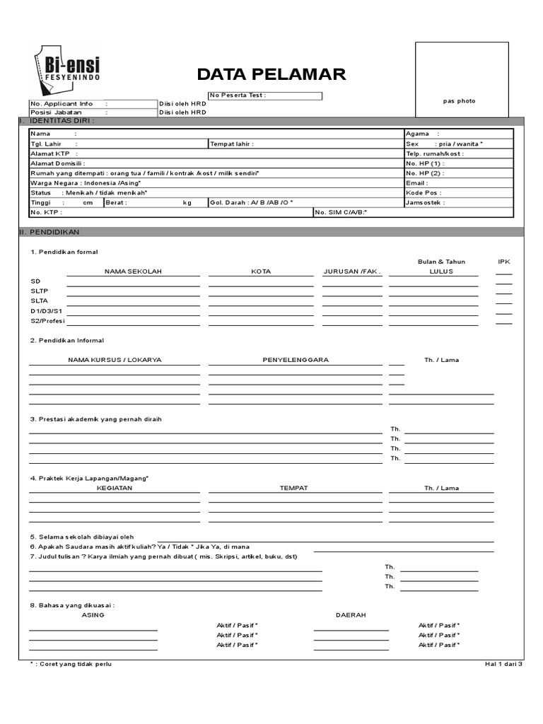 Form Data Diri | PDF