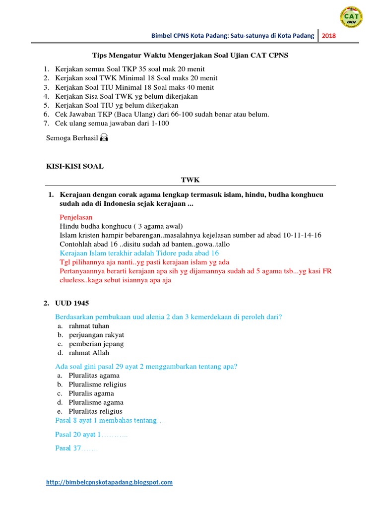 Rangkuman Soal Yang Keluar Tes CPNS 2018 Bimbel CPNS Kota