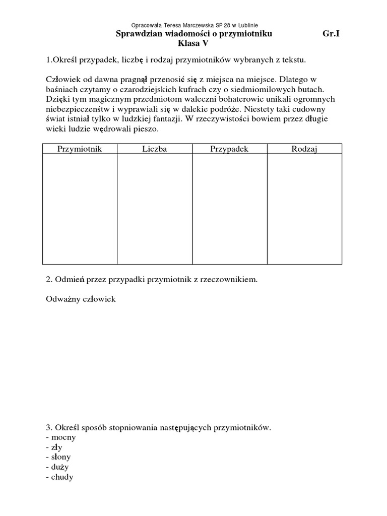 Sprawdzian Z Polskiego Klasa 4 Przymiotniki