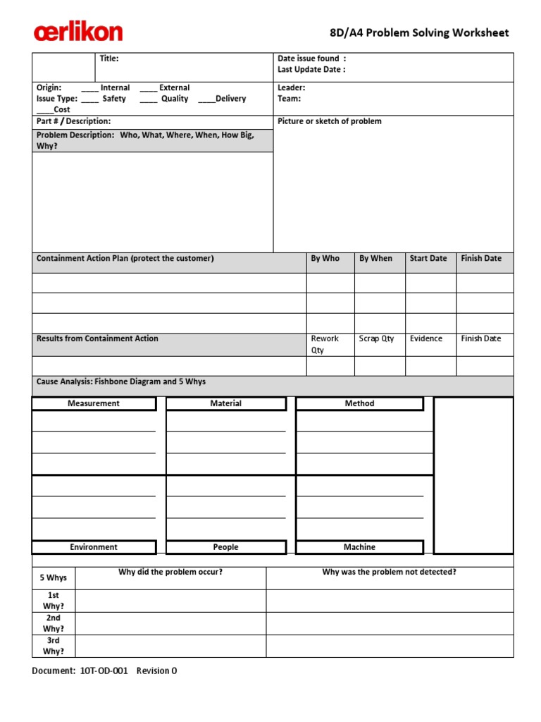 8D/A4 Problem Solving Worksheet: Document: 10T-OD-001 Revision 0 | PDF ...