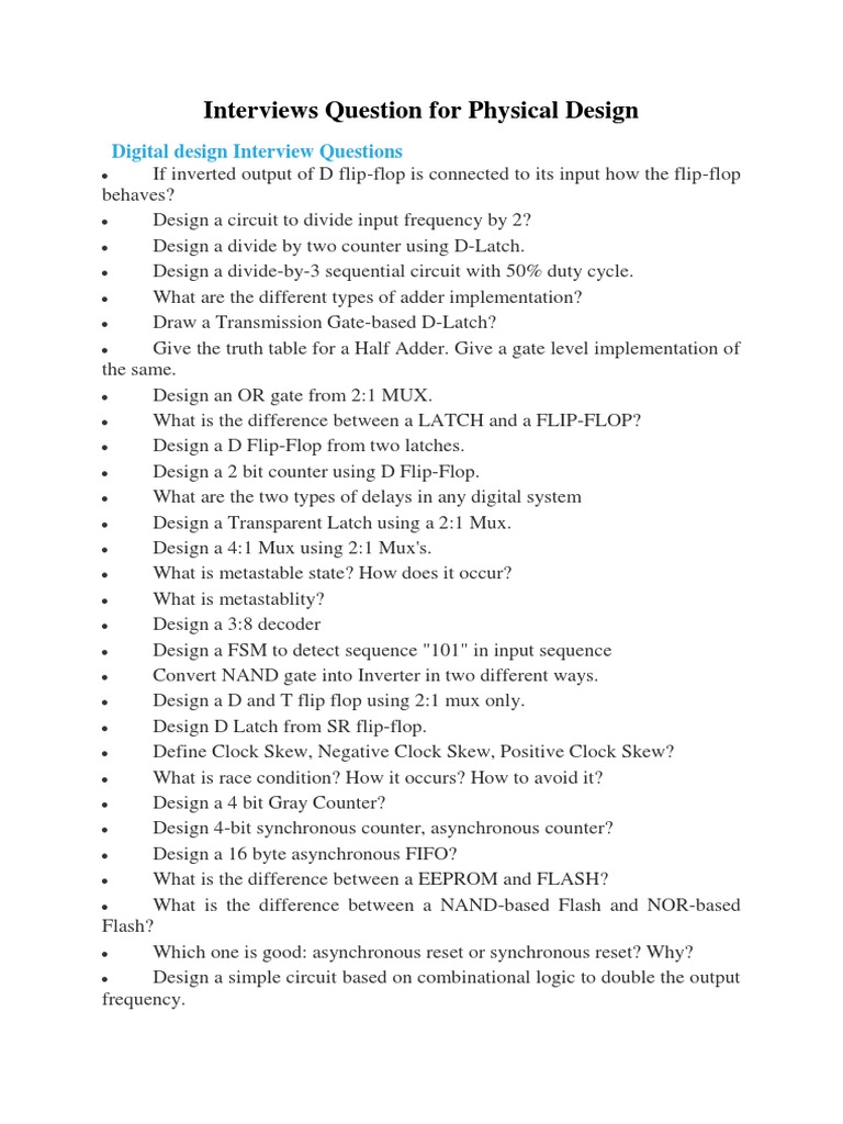 Interviews Question For Physical Design Digital Design Interview