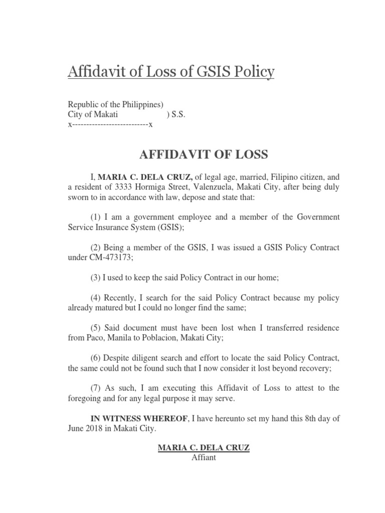 Affidavit of Loss of GSIS Policy | PDF