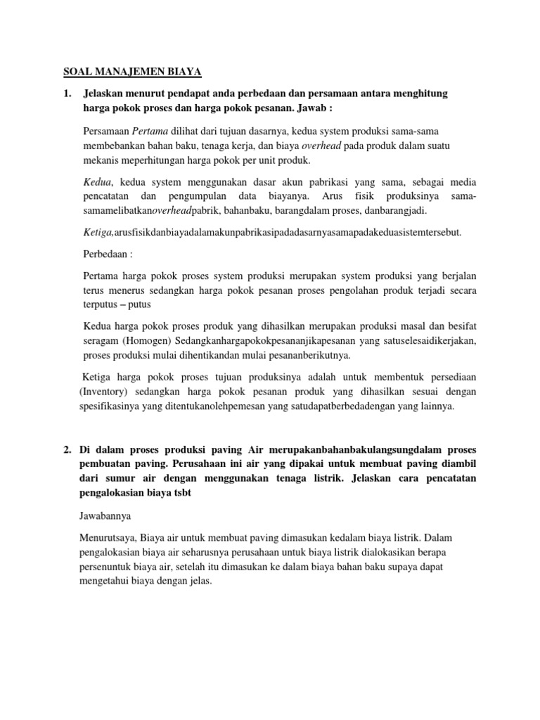 Soal Manajemen Biaya Kumpulan