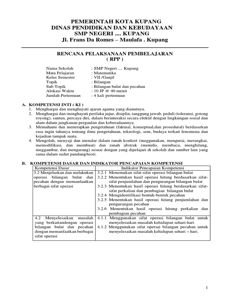 Rpp Bilangan Kd 32 Bilangan Bulat Dan Pecahan Pdf